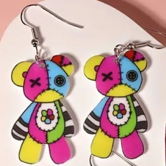 PATCHWORK BEAR cute fun whimsical kawaii novelty earrings - Picture 1 of 6